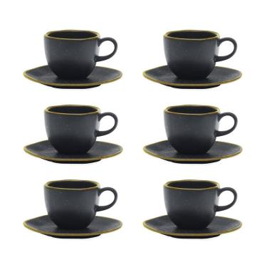 Imagem de Cj 6 Xícaras P/Chá C/Pires de Porcelana Orgânico Ryo Volcano Preto Fosco/Ocre 220ml Oxford