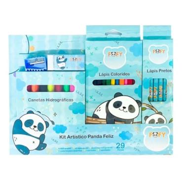 Imagem de Kit Escolar Artístico Panda Feliz, 29 Peças, Com 8 Canetinhas 12 Lápis Coloridos 6 Lápis Pretos 1Apontador 1 Borracha 1 Caderno para desenhos