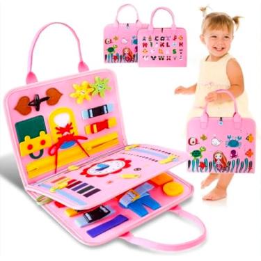 Imagem de Maleta Montessori Interativa Infantil Rosa, Brinquedo Educativo Sensorial com Atividades de Aprendizagem, Bolsa Portátil para Crianças