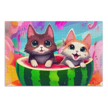 Imagem de Quebra-cabeça 500 peças para adultos, presentes divertidos para adultos, brinquedo animal, arte, gato, melancia, colorido, 51 x 35 cm