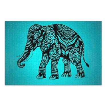 Imagem de Quebra-cabeça azul oriental de elefante tatuado para adultos 500 peças pintura de brinquedo de arte difícil quebra-cabeça, presentes, 51 x 35 cm