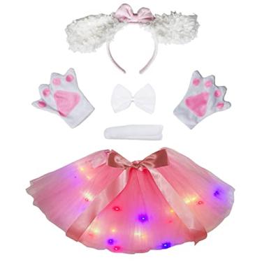 Imagem de Petitebella Long Ear Dog Headband Bowtie Tail Gloves Led Tutu 5pc Lady Costume (White Poodle, One Size)