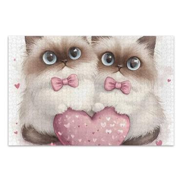 Imagem de Quebra-cabeça 1000 peças pintura de arte animal adulto personalizado quebra-cabeça legal para adultos gatos siameses coração rosa amigos família presentes de jogo, 75 x 40 centímetros