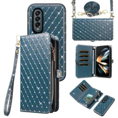 Imagem de Capa de celular para Samsung Galaxy Z Fold 4 5G 2022 com zíper carteira destacável com alça transversal alça de cordão bling glitter flip compartimento para cartão ZFold4 Z4 Fold4 4Z ZFold45G mulheres
