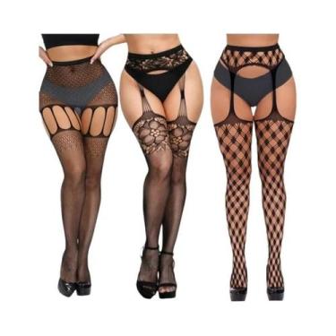 Imagem de Meia-calça Feminina Sexy De Rede Até a Coxa, 3 Peças, Com Padrão Vazad