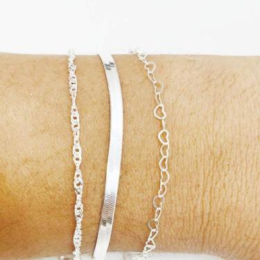Imagem de Conj. 3 Pulseiras Laminada Coração Singapura Prata 925 - Lojas La&Ny P