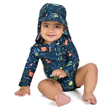 Imagem de Macaquinho Praia Bebê com Boné Proteção UV Bichinhos do Mar Marinho Kamylus-Masculino