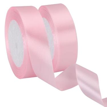 Imagem de EUSOAR Fita rosa, 2 rolos de fita de cetim de tecido de 2,5 cm x 50 m, fitas de seda de casamento para artesanato, embrulho de presente, buquê de flores, convite feito à mão, festa de casamento