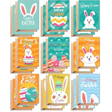 Imagem de Cartões de Páscoa com envelopes – Conjunto de 18 cartões comemorativos com 18 envelopes Kraft e 18 adesivos, 9 desenhos fofos (2 cartões cada), presentes de Páscoa felizes para crianças, adultos