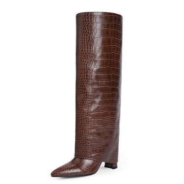 Imagem de Modatope Botas de cano alto femininas dobradas acima do joelho salto alto grosso botas longas com zíper bico fino vestido botas altas para mulheres, Marrom-crocodilo, 38