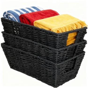 Imagem de Cestas de armazenamento de corda de papel para organização de prateleiras, cesta organizadora de vime tecida à mão pequena com alça para armazenamento de papel higiênico de banheiro, preto, pacote com