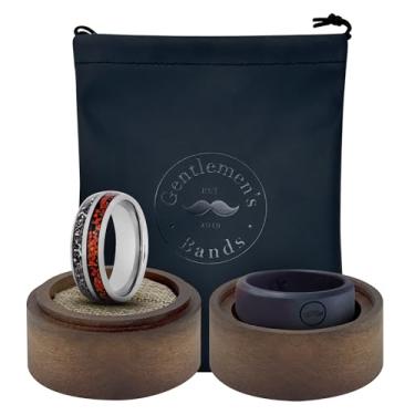 Imagem de Gentlemen's Bands Aliança de casamento de tungstênio prata premium com osso de dinossauro e incrustação de meteorito | O anel de casamento é o presente ideal | O pacote inclui aliança de silicone