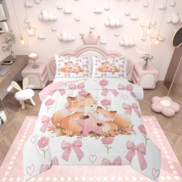 Imagem de Erosebridal Conjunto de cama solteiro com laço rosa e fita de raposa, desenho kawaii, com laço, para adolescentes, meninas, mulheres, decoração de quarto, coração, floral, edredom
