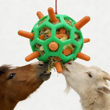 Imagem de Bola de feno/vegetal/cenoura/alimentador, brinquedo de alimentação pendurado para cavalo, cabra, ovelha para brincar e aliviar o estresse, brinquedos de enriquecimento do tédio de cavalo. (verde)