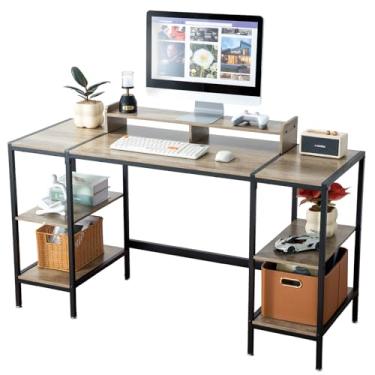 Imagem de MINOSYS Mesa de jogos/computador – Mesa pequena de escritório doméstico de 119 cm com suporte para monitor, mesa de escrita rústica para 2 monitores, espaço de armazenamento ajustável, mesa de canto