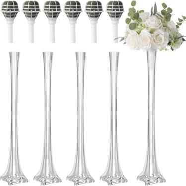 Imagem de Irenare 4 Vasos da Torre Eiffel de 50 cm com 6 suportes florais de espuma, recipiente floral de vidro transparente com alça de buquê de noiva de centro de mesa para dia dos namorados, casamento