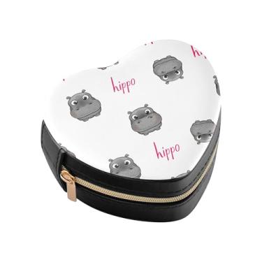 Imagem de Burbuja Caixa de joias em forma de coração hipopótamos cinza mini estojo de joias de viagem para mulheres e meninas, estojo portátil organizador de armazenamento para brincos, anéis, colares e