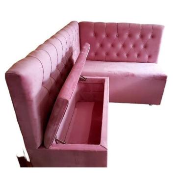 Imagem de Canto alemão com baú em l 1,50 x 1,20 veludo rosa - O Rei das Poltrona