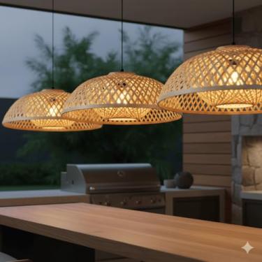 Imagem de Kit 3 Luminárias de Teto Lustre Pendente Bambu Tulum Rústico 45cm Fibra Natural Trançado Artesanalmente