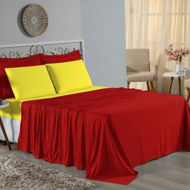 Imagem de Jogo De Cama Casal Nobre 4 Peças Lençol Com Elástico De 30cm De Altura Malha 100% Algodão - Vermelho / Amarelo