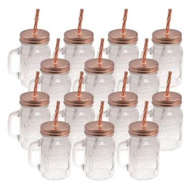 Imagem de Kit 10 Copos Canecas Vidro Grosso Retrô Vintage Com Tampa e Canudo 500