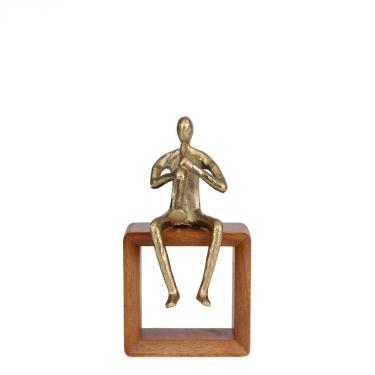 Imagem de Escultura Decorativa Flautista em Madeira e Metal Dourado 25cm 22210 Mart