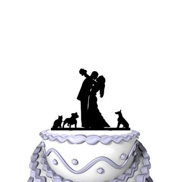 Imagem de Meijiafei Topo de bolo de casamento - Noiva e noivo beijando com 2 silhueta de cachorro e gato