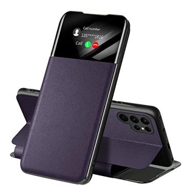 Imagem de KVIBEO Capa para Samsung Galaxy S23 Ultra/S23 Plus/S23, capa fólio com função de visualização de janela e hibernação automática anti-arranhões à prova de choque, roxo, S23