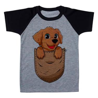 Imagem de Camiseta Raglan Infantil Cinza Cachorro Marrom No Bolso Bege (BR, Numérico, 12, Regular, Polialgodão)