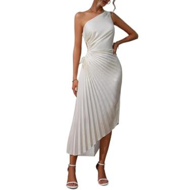 Imagem de Camisa Feminina One Shoulder Drawstring Side Pleated Asymmetrical Hem Satin Dress (Color : Apricot, Size : CH)