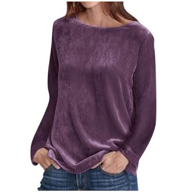 Imagem de SHOPESSA Blusas de veludo para mulheres elegantes e leves com gola redonda camisas e blusas femininas primavera tops, A4 roxo, P