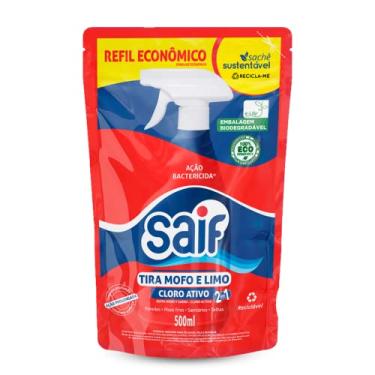 Imagem de Limpador Tira Mofo E Limo Cloro Ativo Sachê Saif 500Ml, Saif, Removedor De Mofo E Limo Com Cloro Ativo Sachê, Vermelho, Remove Mofo, Limo E As Sujeiras Mais Difíceis, Embalagem Econômica Biodegradável