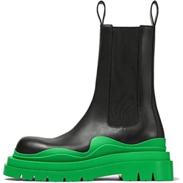 Imagem de SANIOOOI Bota Chelsea plataforma feminina, botas modernas de cano médio, salto duplo, bico redondo, sola grossa, Verde, 8.5