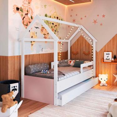 Imagem de Cama Infantil Casinha Solteiro Com Auxiliar Branco Rosa Sonho Completa Móveis