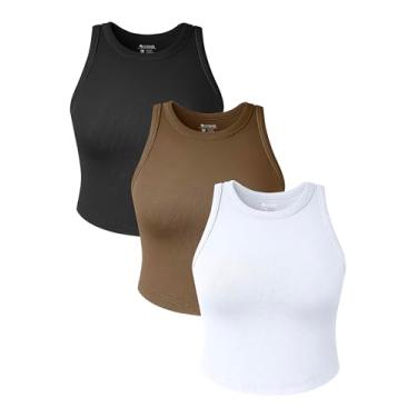 Imagem de OQQ Camiseta feminina de 3 peças, gola redonda, sem mangas, básica, elástica, para ioga, cropped, Preto, café, branco, M