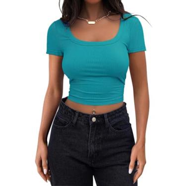 Imagem de PGANDS Camiseta feminina com gola quadrada e manga curta, caimento justo, casual, Y2K, canelada, Azul-petróleo, PP