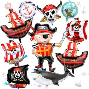 Imagem de Sosation 10 peças de balões de pirata decorações de festa de aniversário redondo navio pirata oceano esqueleto tubarão balão de alumínio para kit de arco temático celebração pano de fundo decoração de