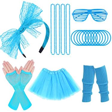 Imagem de ONUPGO Fantasia feminina dos anos 80, acessórios extravagantes, brincos de neon, luvas arrastão para festa retrô dos anos 80, Estilo B 8 - azul neon, One Size