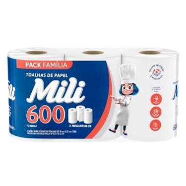 Imagem de Papel Toalha Mili Folha Dupla, 600 Folhas (3 Rolos de 200 Folhas) – Alta Absorção, Máximo Rendimento e Resistência Multiuso para Cozinha