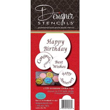 Imagem de Designer Stencils Ocasiões especiais para doces e biscoitos (parabéns, melhores desejos, feliz aniversário e aniversário), bege/semitransparente
