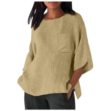 Imagem de Howstar Blusas de linho plus size para mulheres 2024 verão boho elegante blusa casual botão gola V camisas túnicas de manga curta, Caqui, GG