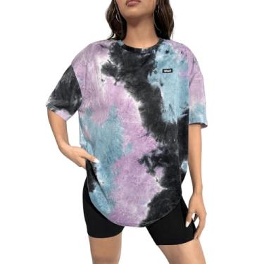 Imagem de Verdusa Camiseta feminina tie dye verão meia manga ombro caído camiseta grande, Roxo, azul, preto, GG