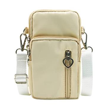 Imagem de JUMISEE Bolsa transversal de 3 camadas, bolsa para celular, braçadeira, carteira de nylon para smartphone, Bege, one, Removível, durável