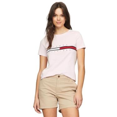 Imagem de Tommy Hilfiger Camiseta feminina de algodão de desempenho – Camisetas estampadas leves, Bandeira bordada, rosa claro, PP