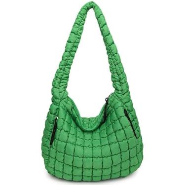 Imagem de Puffer Tote Bolsa feminina acolchoada tiracolo grande ombro inchado 2024 bolsa de praia de verão nuvem Hobo Bubble Gym plissado pad, Verde escuro, Bolsas Hobo
