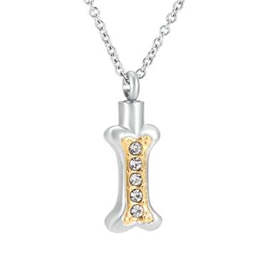 Imagem de NUISO Colar de urna de cremação em forma de osso de cristal memorial cinzas lembrança aço inoxidável urna para animais de estimação pingente medalhão, As shown, Metal, aço inoxidável