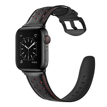 Imagem de Pulseira de couro CINORS compatível com Apple iWatch 44 mm, 42 mm, pulseira de couro vintage Red Dot XL elegante pulseiras com adaptadores de fivela preta para iWatch Series 6 5 4 3 2 1 SE, 44 42