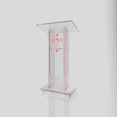 Imagem de Púlpito em Acrílico para Igreja e/ou Eventos com Gravação e Led grátis Mod. Rute Transparente (Tradicional, Moderna ou Sem Gravação) Cores em Led. (Grav. "Jesus" Moderno, LED VERMELHO)