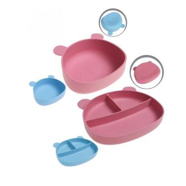 Imagem de Kit Alimentação Bebê Tigelas + Prato Silicone c/ Ventosa - arts, Rosa