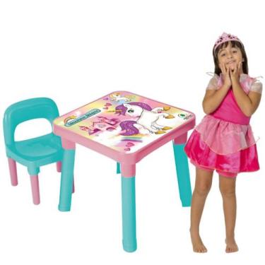 Imagem de Mesa Com Cadeira Infantil Unicórnio + Fantasia Princesa Rosa - Monte L